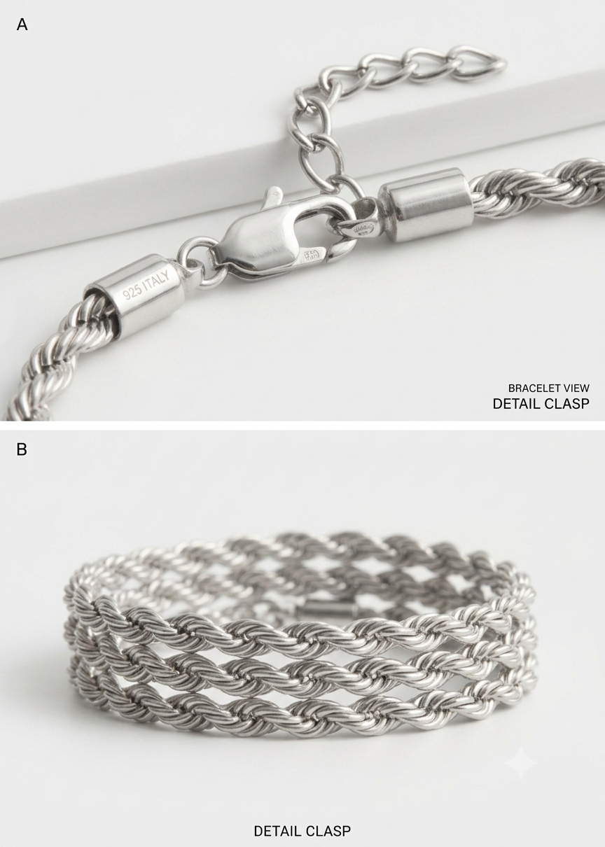 3MM 925 Silver  Classic Rope Link Bracelet for Men